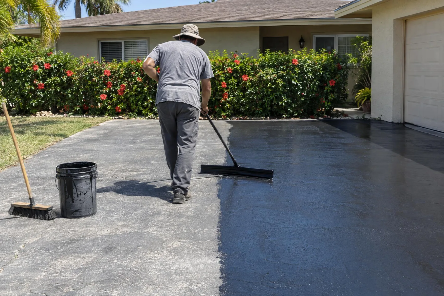 Worker pulling a squeegee of black sealcoat across a driveway, half still gray and half freshly coated
