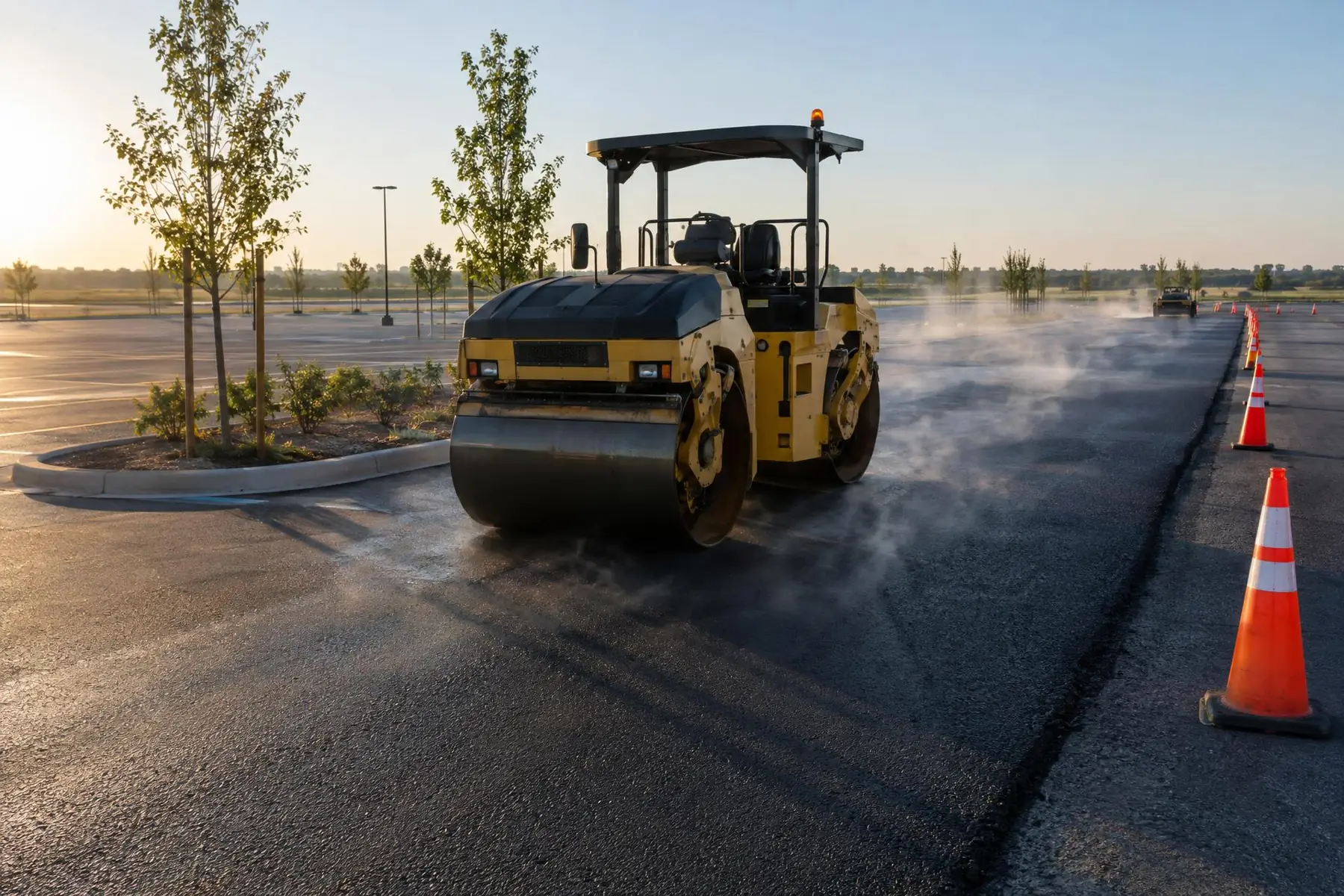 Steel-drum roller compacting fresh black asphalt across a large parking lot at sunrise