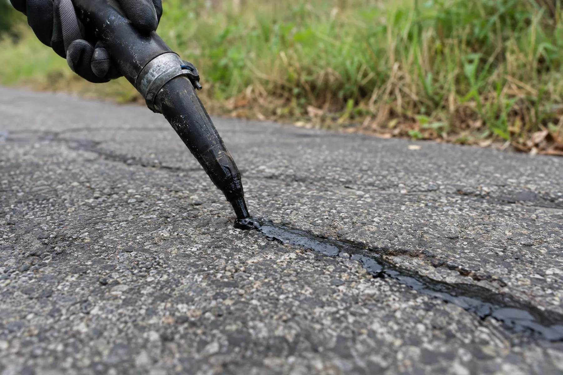 Gloved hand filling a narrow crack in old asphalt with hot rubberized crack filler